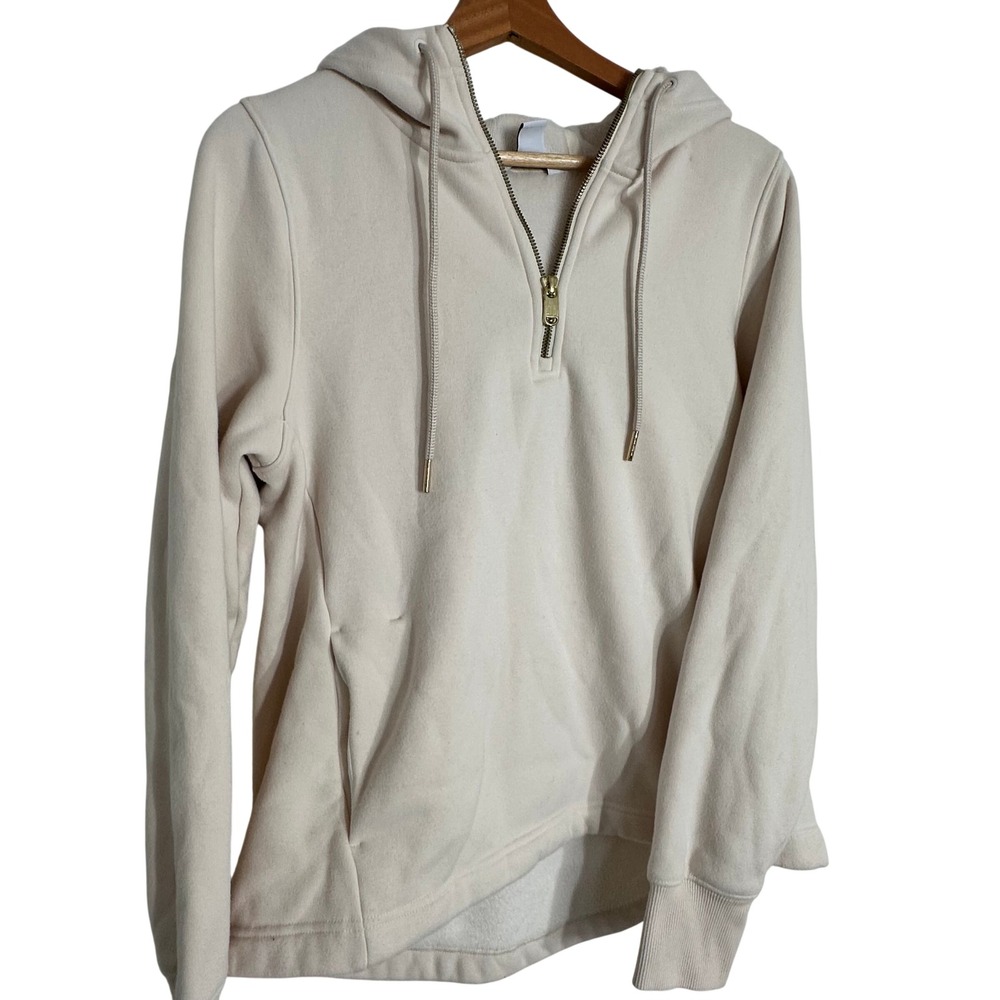 Athleta Cozy Karma 1/4 Zip Hoodie Cream Beige Fleece Lined Pullover Small